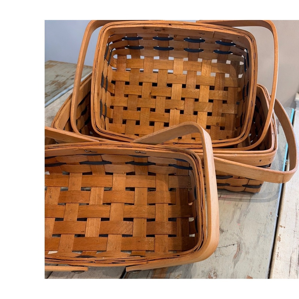 Vintage Set of (3) Rectangular Nesting Baskets Double Swing Handles Woven - Picture 5 of 16